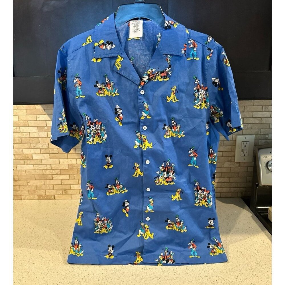 Disney Shirt Adult Blue Mickey Mouse and Friends Woven Button up Mens small